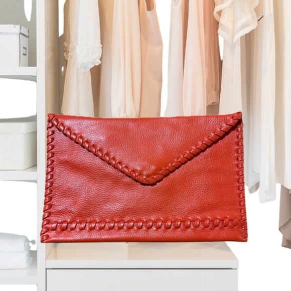 LAGGO Handbags - LAGGO Stitched Polka Orange Pebble Leather Envelope Clutch NWOT